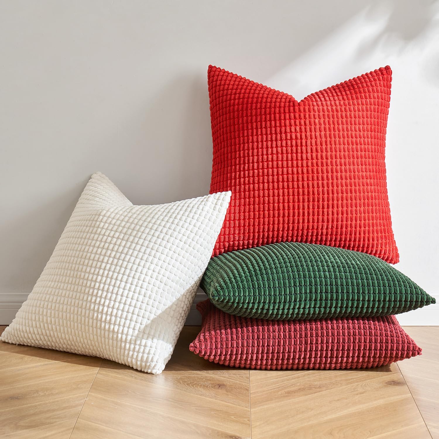 MIULEE Cushion Covers Striped Corduroy Fabric Square Throw Pillow Cover Decorative Pillowcases with Invisible Zipper for Sofa Chair Couch Bedroom 18x18 inch 45x45cm 4 Pieces Christmas Series