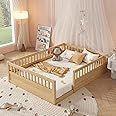 Full Size Floor Bed with High Safety Guardrails for Kids, Solid Wood Montessori Floor Bed with Opening, Full Playhouse Bed Frame for Baby Girls and Boys,Natural