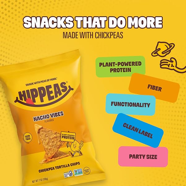 HIPPEAS CHICKPEA TORTILLA CHIPS, NACHO VIBES GLUTEN FREE SNACKS, DAIRY FREE, VEGAN, 7OZ BAG, 3G PROTEIN, 3G FIBER, CRUNCHY, NUTRITIOUS, BAKED PLANT PROTEIN SNACK, NON-GMO, KOSHER