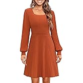 Miladusa Sweater Dress for Women Trendy Long Sleeve Dress Square Neck A Line Ribbed Knit Swing Dress Brown S