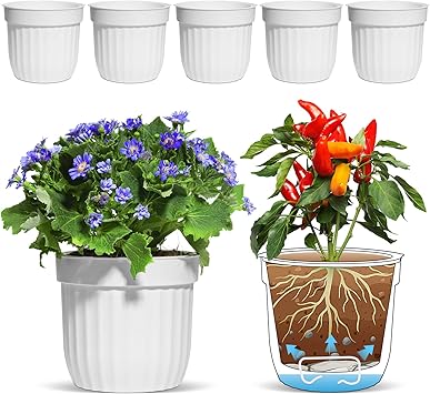 Amazon T4u 植木鉢 給水鉢 4号鉢 給水プランター プラスチック製 観葉植物 ハーブ適用 インテリア ベランダ 庭 白 6点セット 鉢