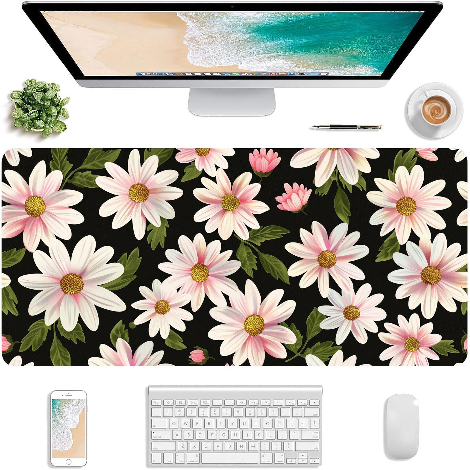 MAYCARI Cute Flower-E Desk Mat(31.5"x15.7") Large Extended Gaming Deskpad with Girly Design Keyboard Desk Mat Desk Pad with Soft Smooth Surface & Anti-Slip Base（80cm*40cm