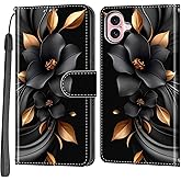 Haninsuze Case Wallet for iPhone 16, [Kickstand] 3 Card Holder Stand [Shockproof TPU Interior Shell], PU Leather Magnetic Protective Flip Cover 6.1", Black Flower