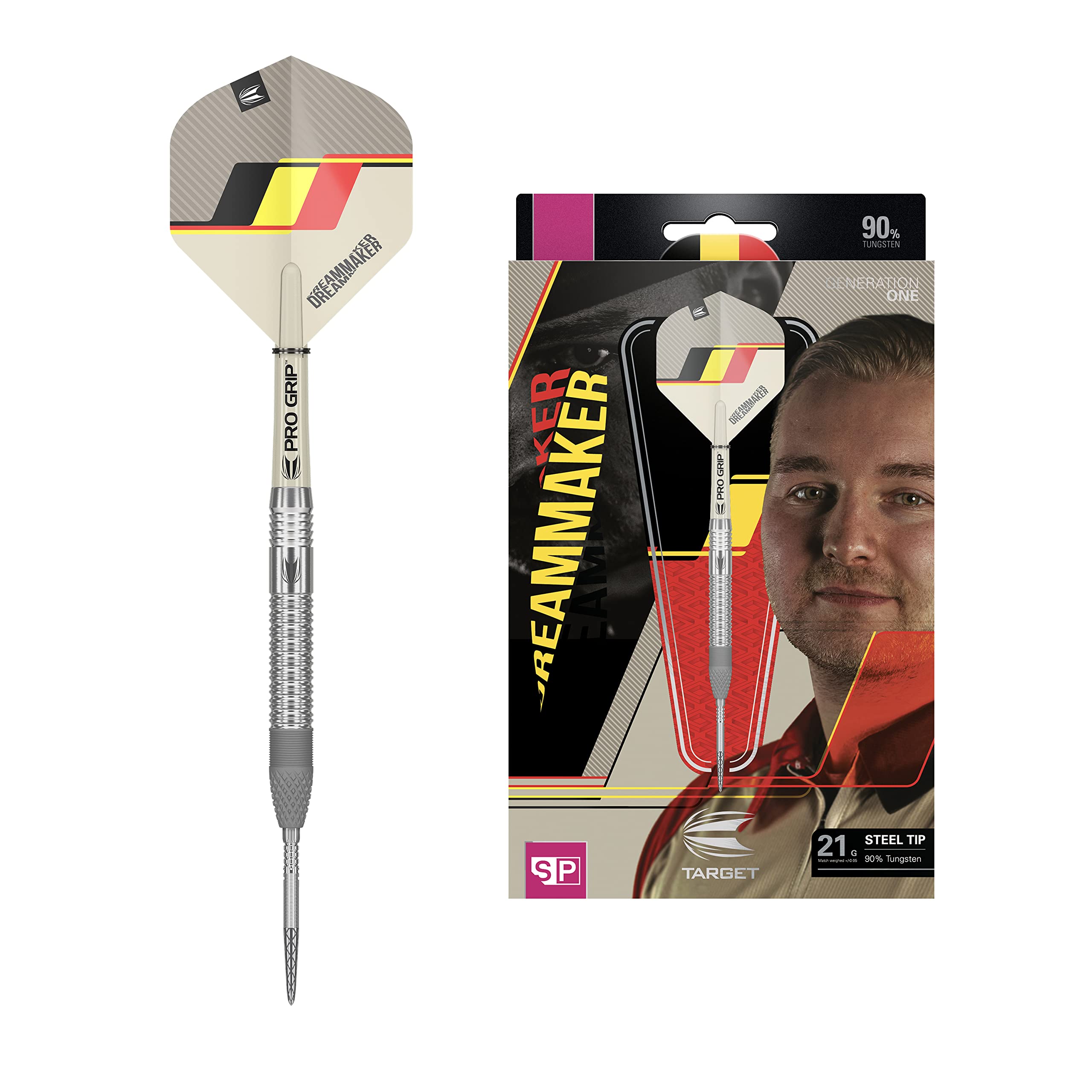 Target Darts Unisex Dimitri Van Den Bergh Dream Maker G1 90% Tungsten Swiss Point Tip Set Steel Darts, Sand, Black, Yellow and Red, 21G UK