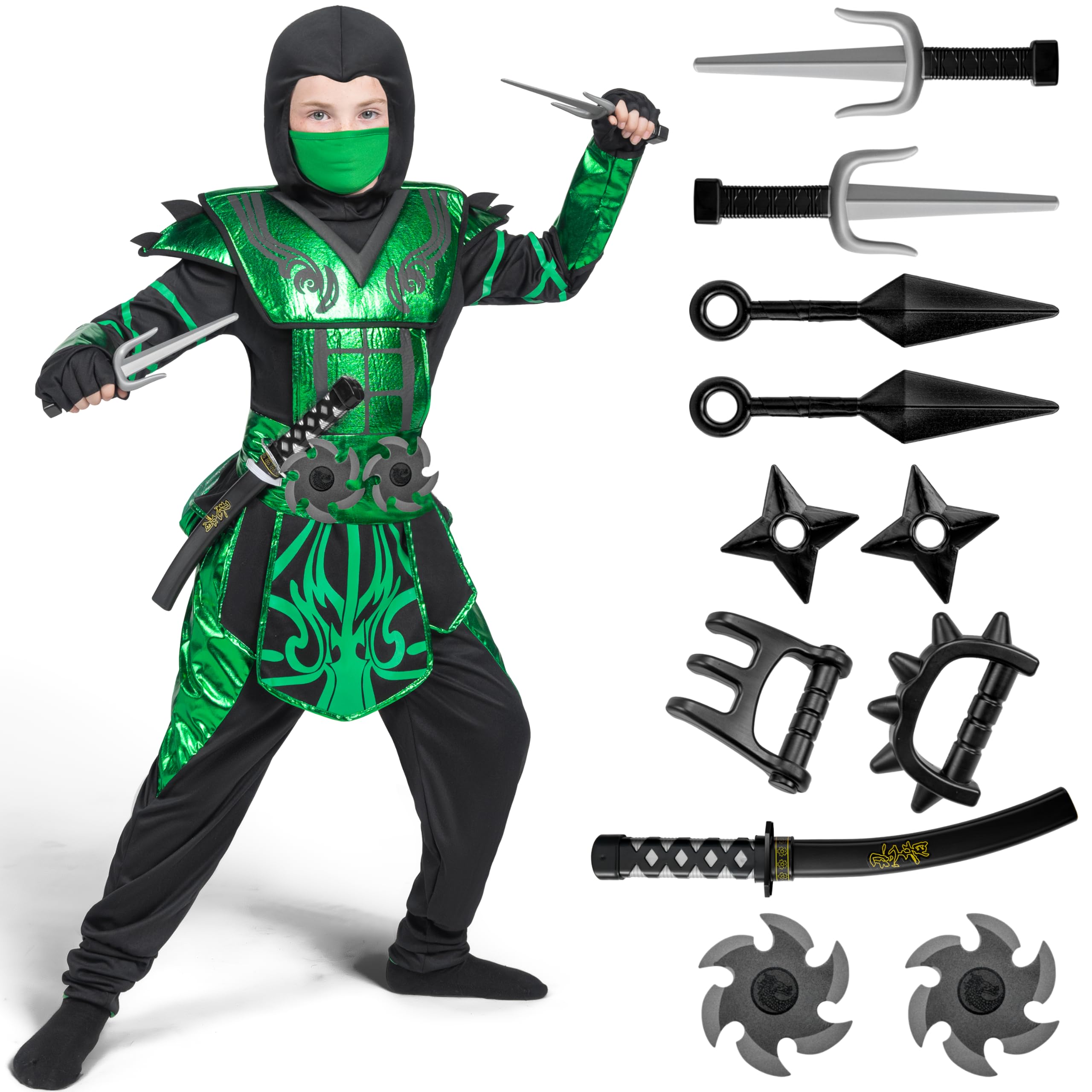 Spooktacular Creations Halloween Ninja Costume for Boys, Green Ninja Costume for Kids Ninja Themed Parties, Halloween Costume Dress Up (Small (5-7yr))
