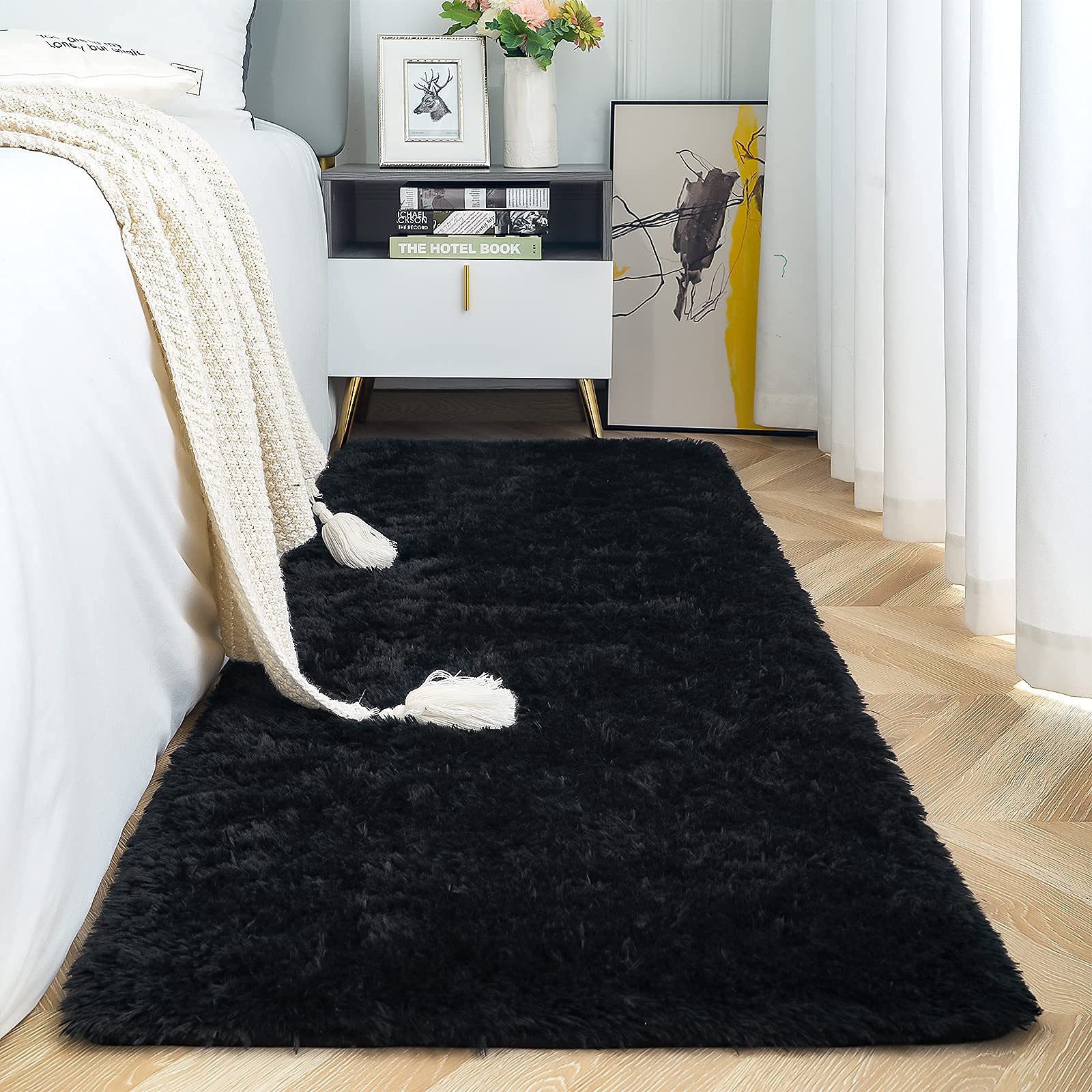 ISEAU Fluffy Runner Rug for Bedroom Plush Area Rugs, Shag Carpet with Rubber Backing Non Slip, Comfy Nursery Mat Bedside Mats for Kids Boys Room Home Decor, 2ft x 6ft, Black