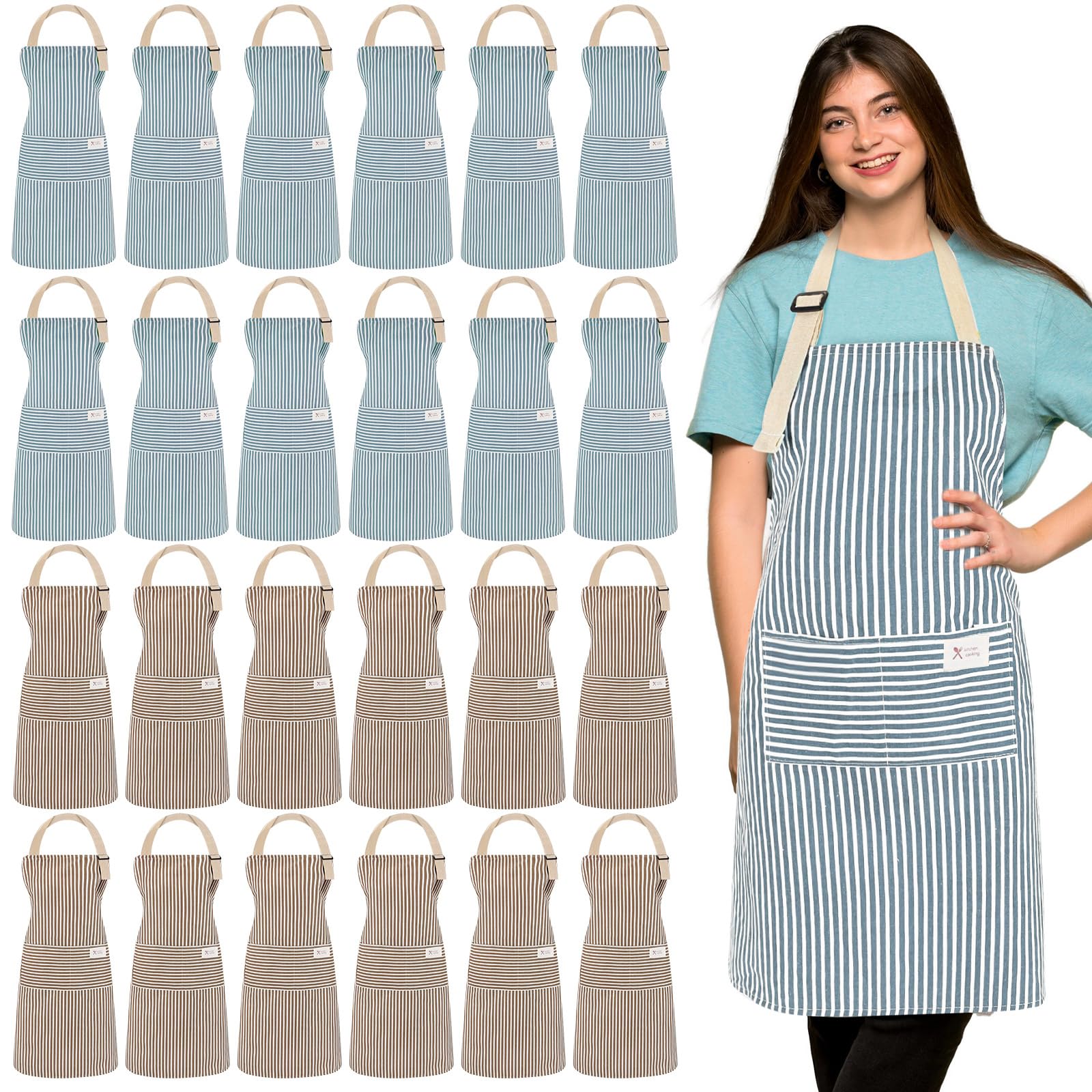 Photo 1 of Janmercy 24 Pcs Aprons for Women Men with 2 Pockets Linen Cooking Kitchen Apron Adjustable Bib Chef Apron Bulk Aprons Unisex(Brown/blue,Thin Stripes)