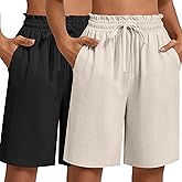 Neer 2 Pcs Women's Linen Summer Shorts Casual Bermuda Wide Leg Mid Length High Waisted Drawstring Short with Pocket