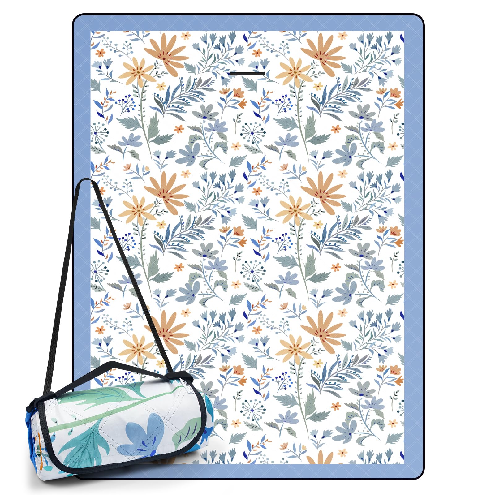 DEWUR Picnic Blanket Waterproof Washable Beach Blanket Sand-Free XXL Camping Blanket Beach Mat Insulated with Waterproof Backing (White with Flowers, 300 x 200 cm)