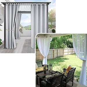 RYB HOME Outdoor White Sheer Curtain Bundles Waterproof Blackout Curtain