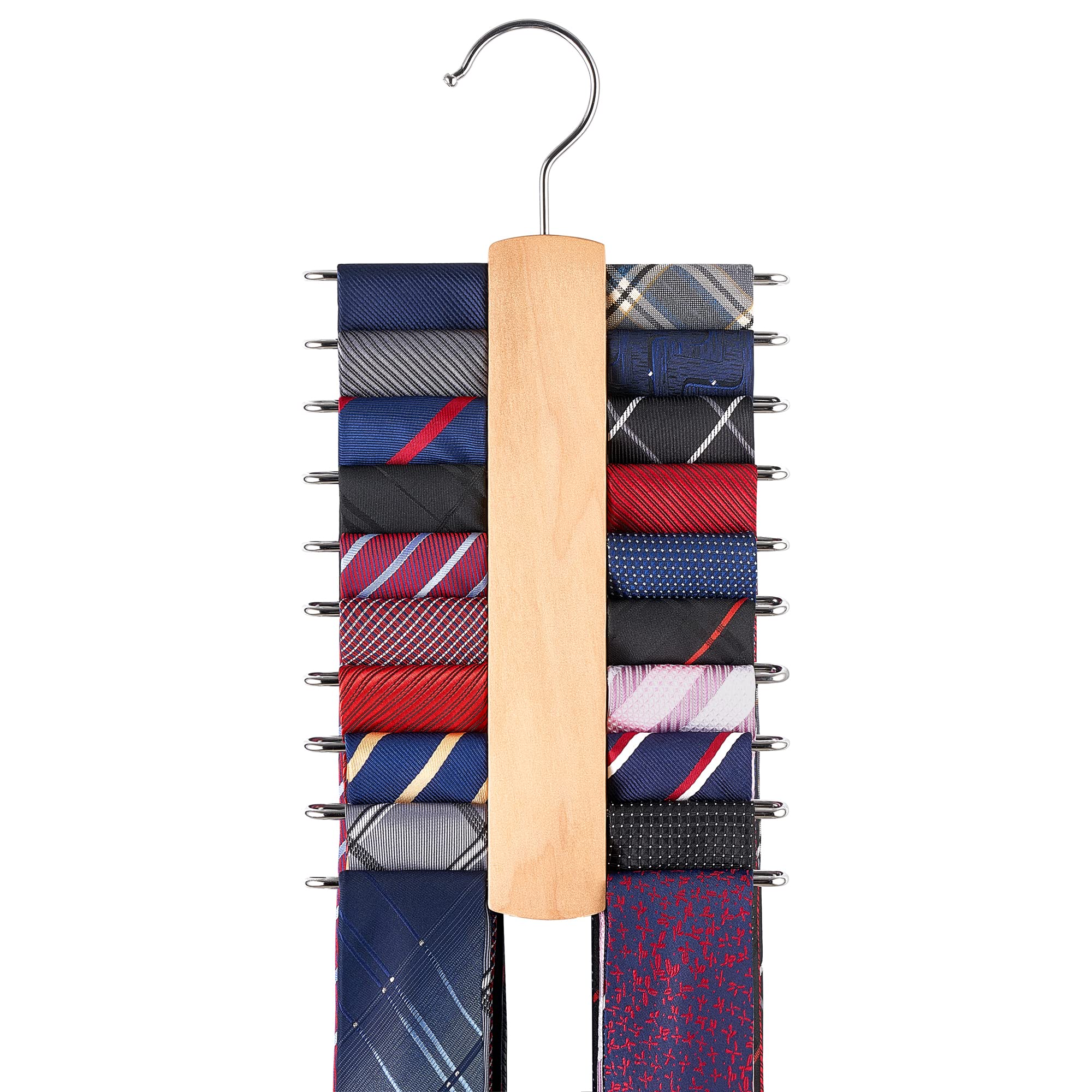 Mkono Wooden Tie Rack Retro Belt Storage Hanger Organizer for Men Closet Space Saving Rack with 20 Non-Slip Hooks for Ties Belt Scarf Organizer 360 Rotate Hanger Tie Display Holder (1, Wood Color)