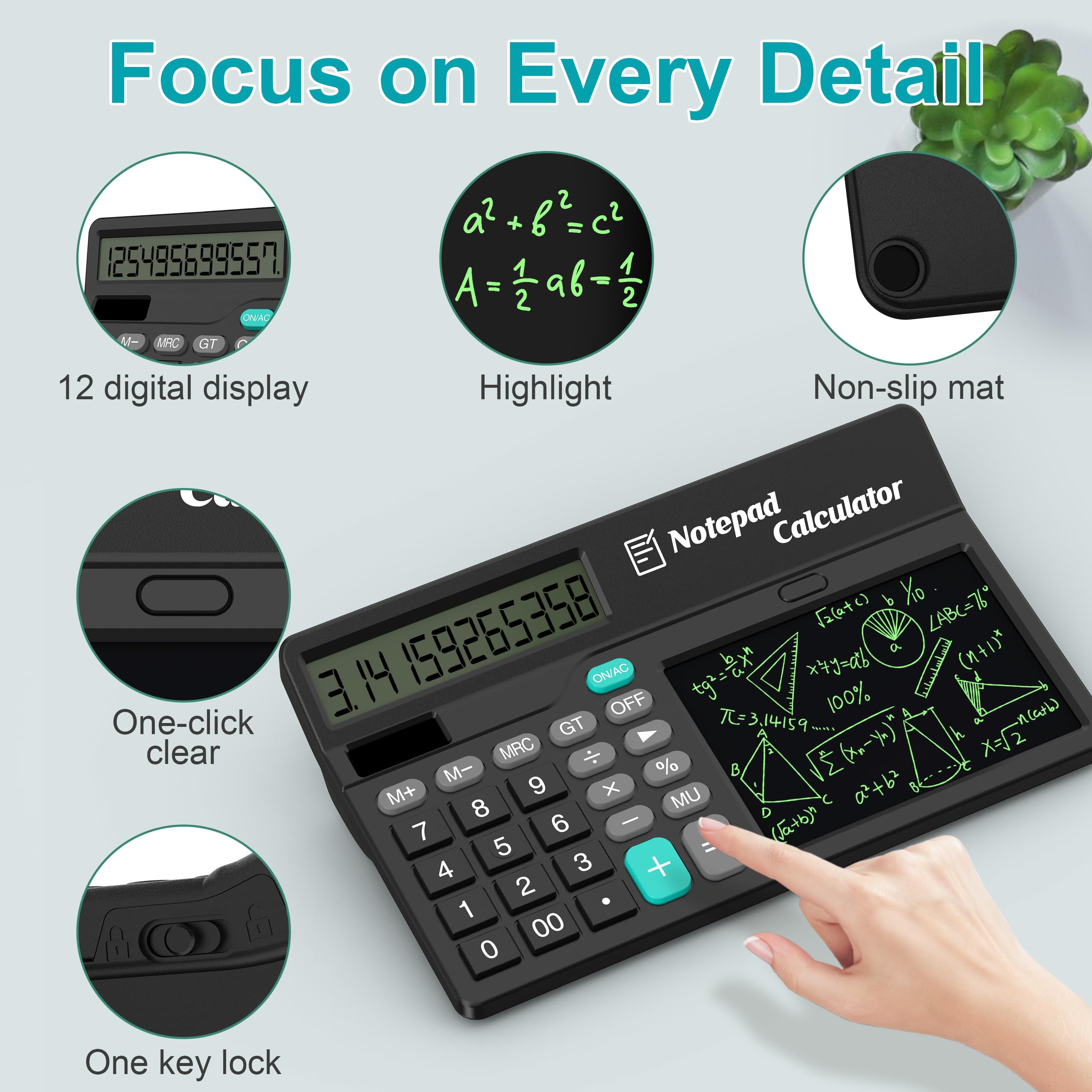 Calculators Desktop with Notepad Writing Tablet 6 Inch, 12 Digit Large Button Office Calculator with Magnetic Stylus, Support Solar & Battery, Desk Calculator for Office, School & Home