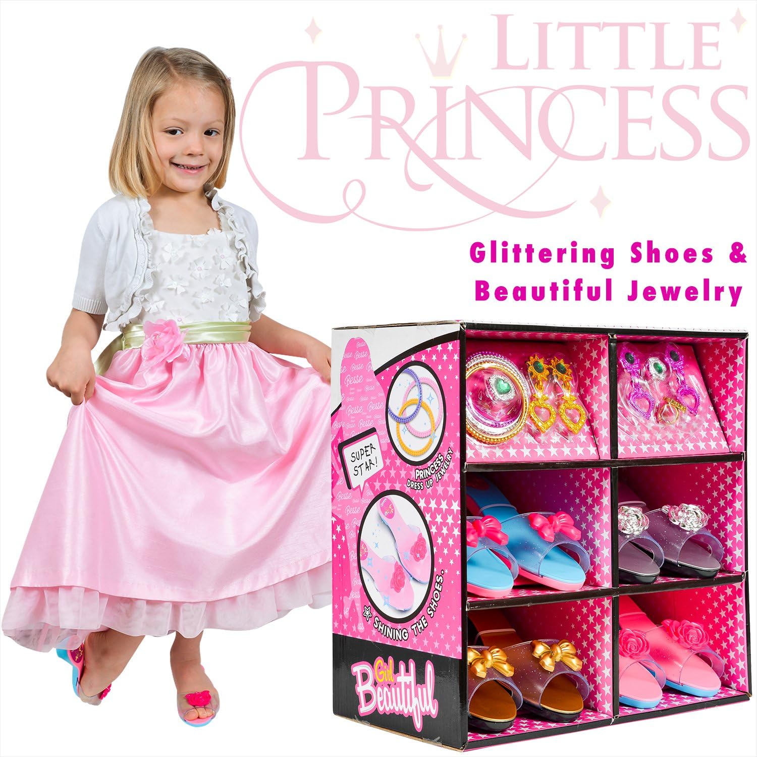 Princess Dress Up & Play Shoe Jewelry for Girls Includes 4 Pairs of Shoes,Rings, Bracelets and Earrings Perfect Toy For Girls