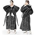 Touchat Wearable Blanket Hoodie as Gifts for Women and Men,Warm and Cozy Large Blanket Sweatshirt,Thick&Long Sherpa Fleece Hooded Blanket with Oversize Pocket and Belt, Winter Gifts,Standard- Grey
