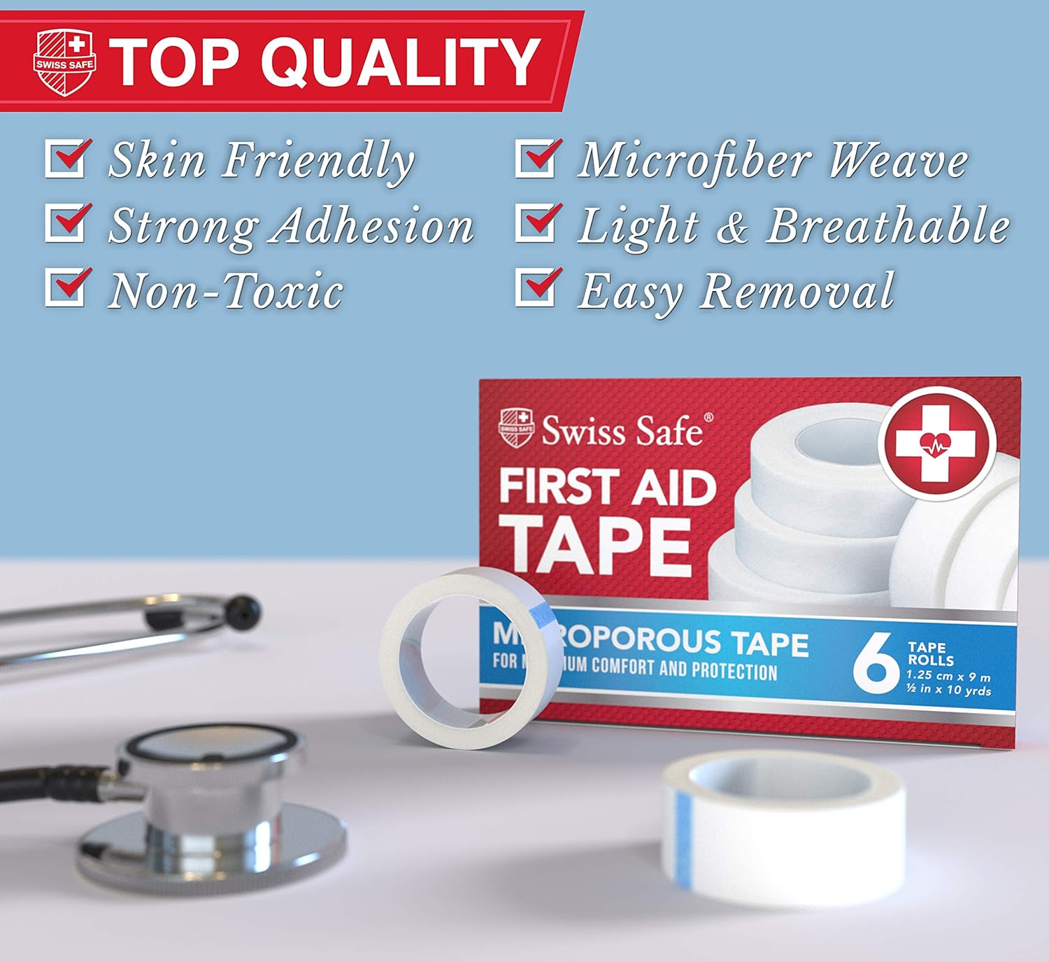 Swiss Safe First Aid Tape, Medical Microporous Surgical Tape, 5/8in Width x 10 Yards Length, Self Adhesive Paper Tape Bandage Rolls (6-Pack): Industrial & Scientific