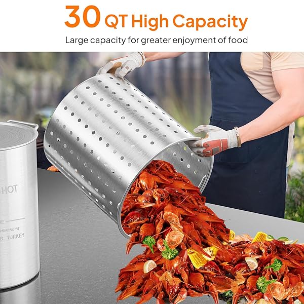 ROVSUN 30QT TURKEY FRYER POT & SEAFOOD BOIL POT WITH STRAINER BASKET, LID, HOOK & STEAMER, ALUMINUM STOCKPOT FOR TURKEY FRYING & CRAB, LOBSTER, SHRIMP BOILING FOR OUTDOOR COOKING & GATHERINGS