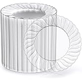 FOCUSLINE 100 Count 6 Inch Clear Plastic Plates, Disposable Heavy Duty Salad Dessert Plates- Premium Hard Plastic Plate Fancy Disposable Clear Plate for Weddings, Parties and Events