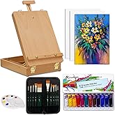 Deluxe Art Supplies 27 Pieces Art Set with Tabletop Easel, 12 Colors Acrylic Paint, 10 Paint Brushes, 3 Canvas Panels, Palettes