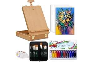 MIRATUSO Deluxe Art Supplies 27 Pieces Art Set with Tabletop Easel, 12 Colors Acrylic Paint, 10 Paint Brushes, 3 Canvas Panels, Palettes