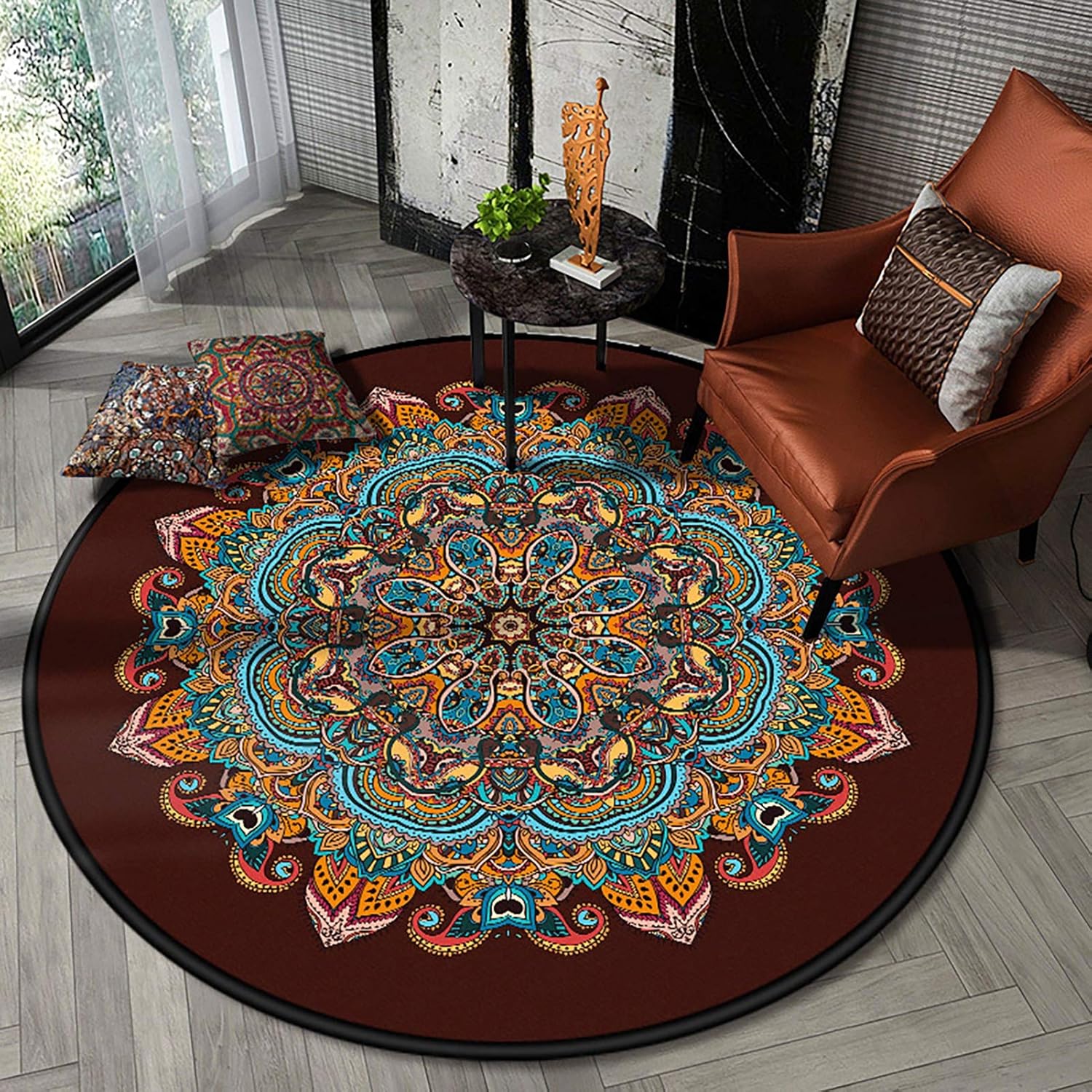 Bedroom Circle Rug, Small Meditation Bohemian Round Carpet with Fringe, Cute Kids Playroom Mat 4
