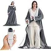 Bedsure Wearable Heated Blanket with Foot Pocket - Electric Snuggle Blanket for Adult with Sleeves, Winter Gifts for Mom Women Girlfriend, Warm Sherpa Heating Throw, Auto Shut Off, 50 x 71+18", Grey