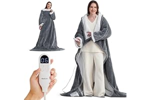 Bedsure Wearable Heated Blanket with Foot Pocket - Electric Snuggle Blanket for Adult with Sleeves, Winter Gifts for Mom Women Girlfriend, Warm Sherpa Heating Throw, Auto Shut Off, 50 x 71+18", Grey
