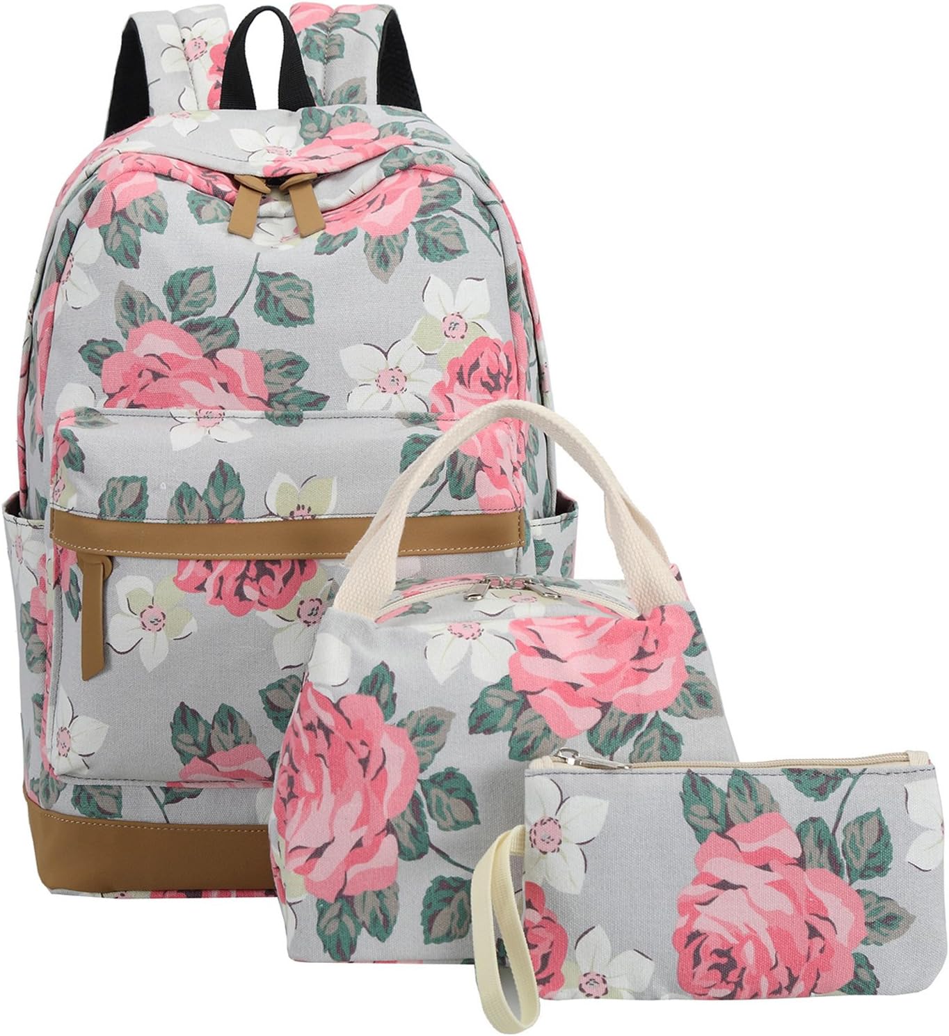 BLUBOON School Backpack Set Canvas Teen Girls Bookbags 15 inches Laptop Backpack Kids Lunch Tote Bag Clutch Purse (Big Floral - Gray)