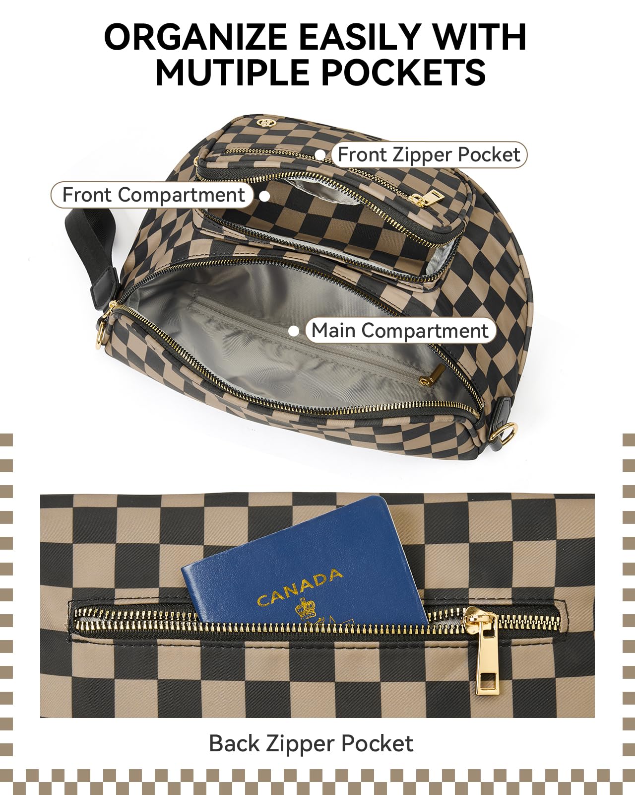 BOSTANTEN Crossbody Bags for Women Cross Body Purse Checkered Bum Bag Large Fanny Waist Pack with Adjustable Strap