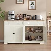 VASAGLE Buffet Cabinet, Sideboard, 4 Doors, 55.1 x 15.8 x 31.5 Inches | Farmhouse Coffee Bar Cabinet with 2 Drawers, Adjustable Shelves, Rustic White and Honey Brown, SIREN Collection ULSC541WJ01S