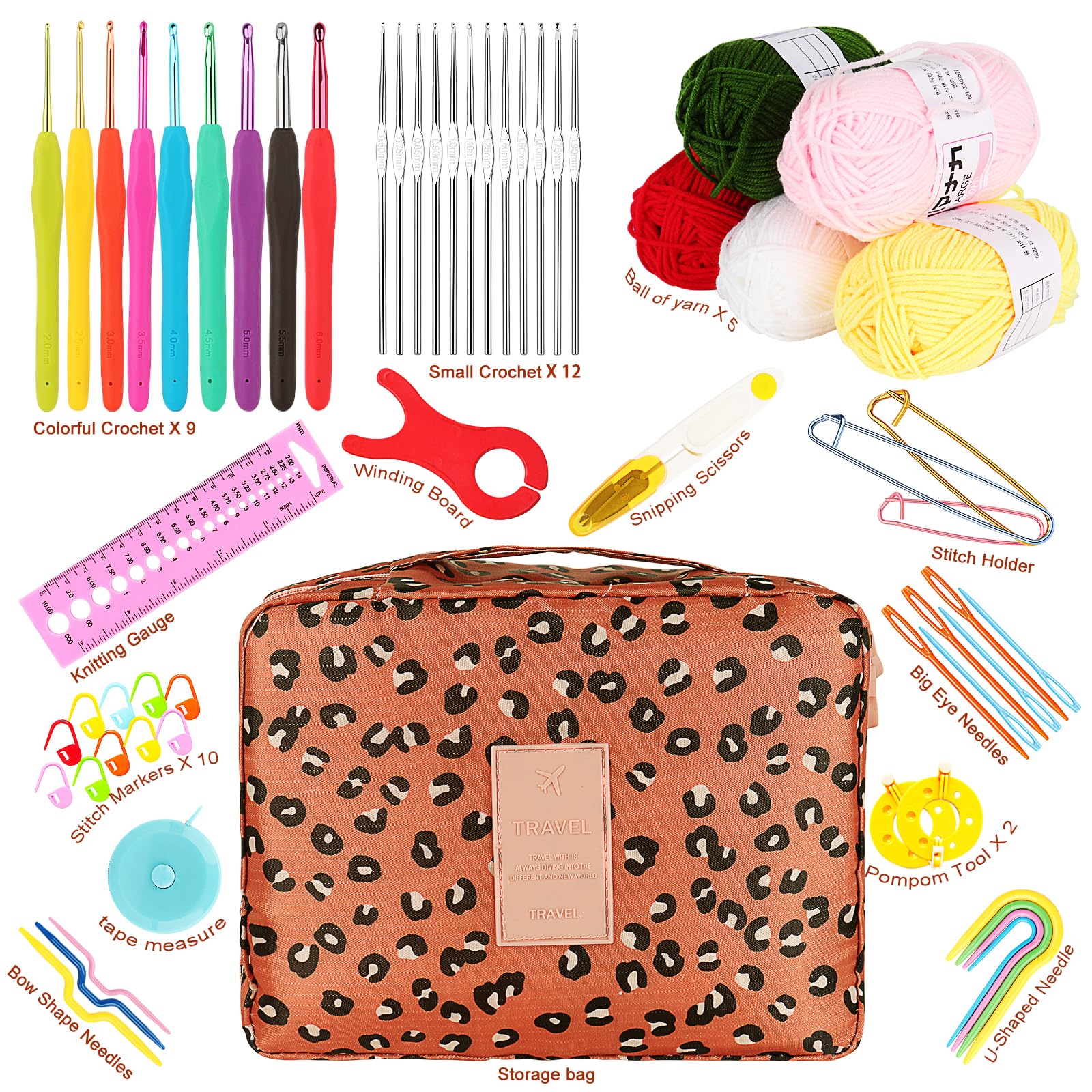 Coopay Crochet Kit Beginners Crochet Hook Set with Crochet Yarn,58PCS Portable Crochet Set Ergonomic Crochet Hooks Travel Knitting Crochet Supplies