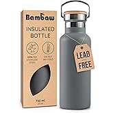 Bambaw Gray Insulated Water Bottle 24oz, Stainless Steel Water Bottle, Travel Water Bottle 24 oz, Metal Water Bottle without Straw, BPA Free Water Bottle Dishwasher Safe – Stormy Gray