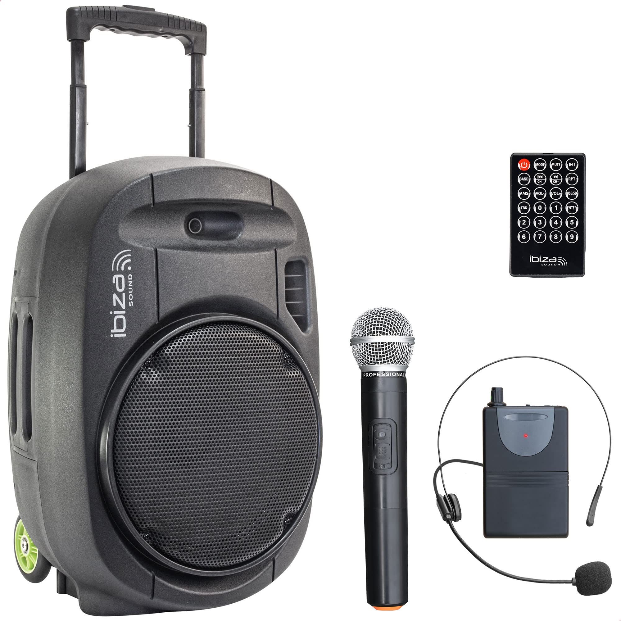 PORT12VHF-MKII - Ibiza Sound - Stand-alone portable sound system 12” with USB/MP3, Bluetooth, Vox & 2 VHF microphones, Black