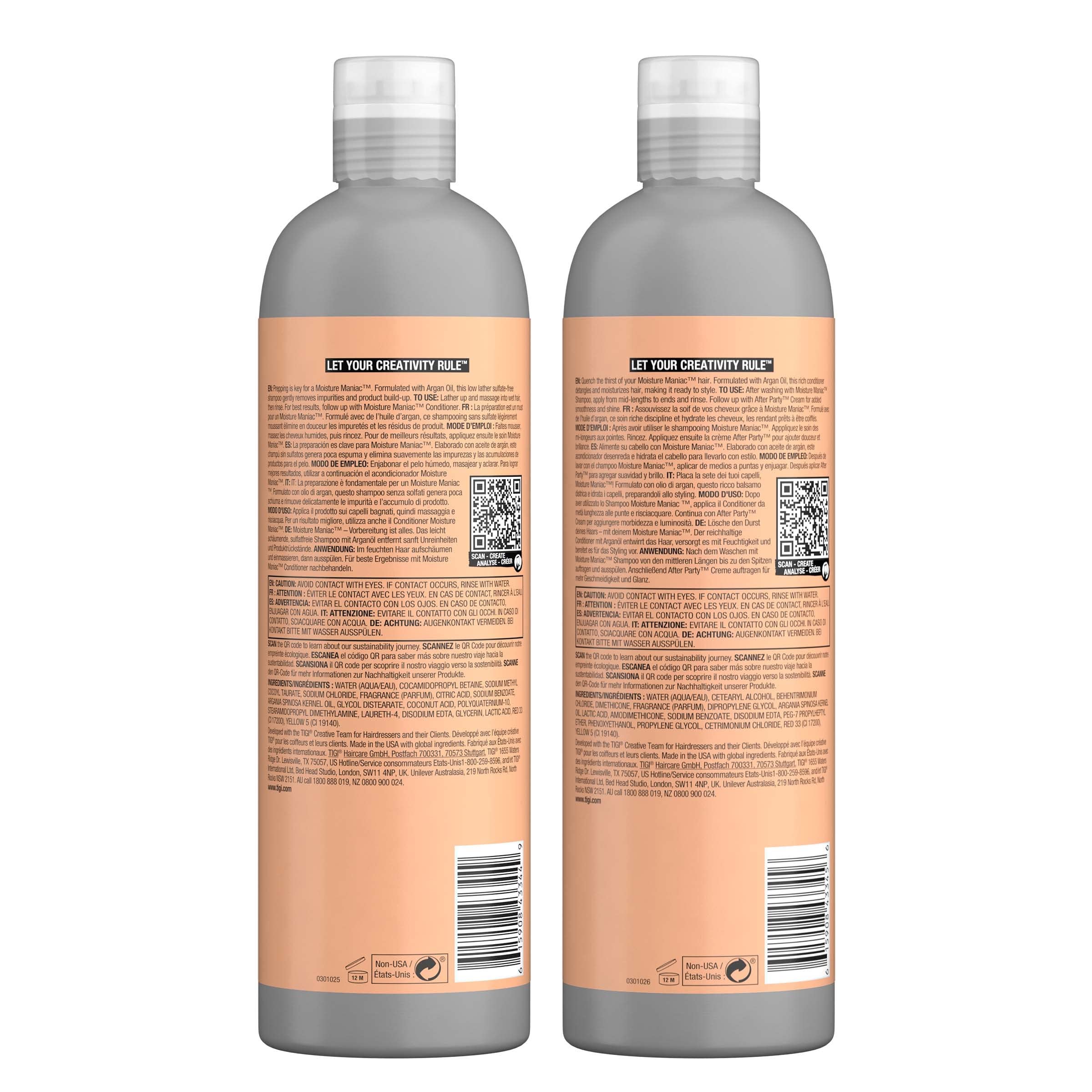 Bed Head by TIGI Sulfate Free Shampoo and Conditioner Set for Dry Hair, Moisture Maniac Hair Care with Argan Oil, 25.36 fl oz, 2 pack