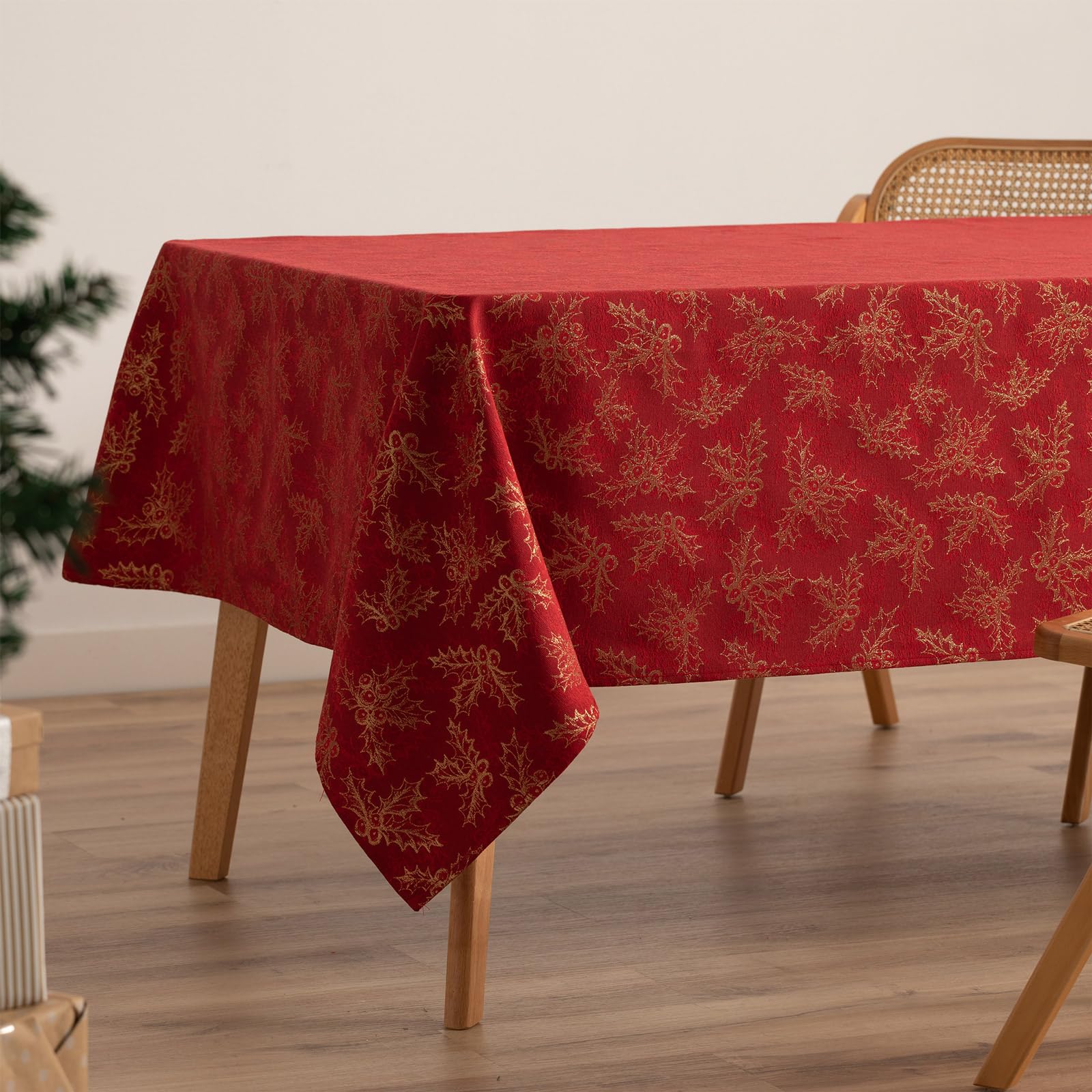GAMUSI Tablecloth Christmas Jacquard Golden Thread Dining Table Rectangular Christmas Decoration 140 x 300 cm, Red