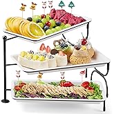 Lifewit 3 Tier Serving Tray, 30 x 17 cm/12 x 6.5 White Plastic Tiered Food Serving Platters, Rotating Tiered Tray Stand for Party with Black Collapsible Metal Stand, Dessert Table Stands for Cookies