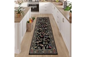 Rugcomf Runner Rug for Kitchen Rug Non Slip 2'6''x8' Washable Rugs with Rubber Backing Soft Floral Animal Carpet Runner for Kitchen, Laundry, Bedroom, Bathroom (Black)