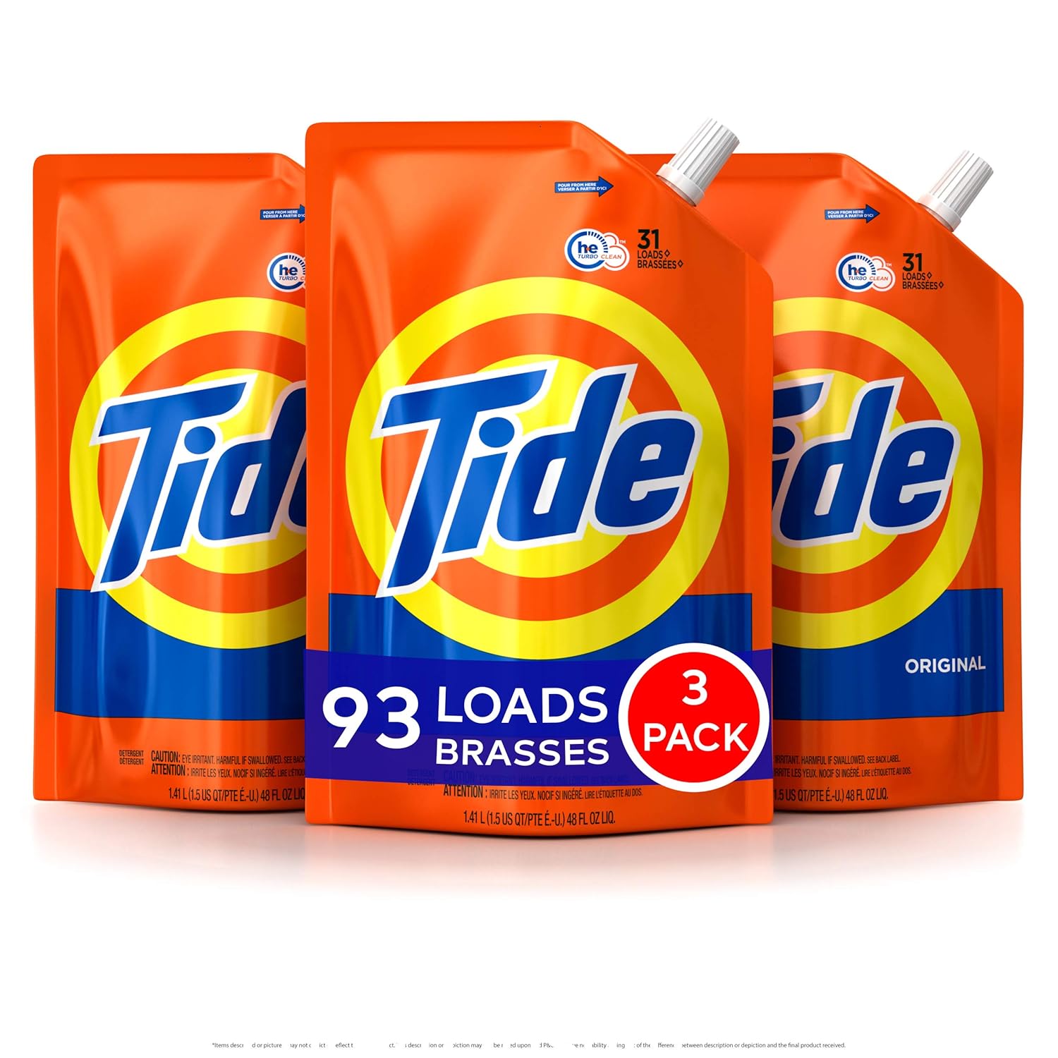 Tide Laundry Detergent Liquid, Original Scent, HE Turbo Clean, Pack of