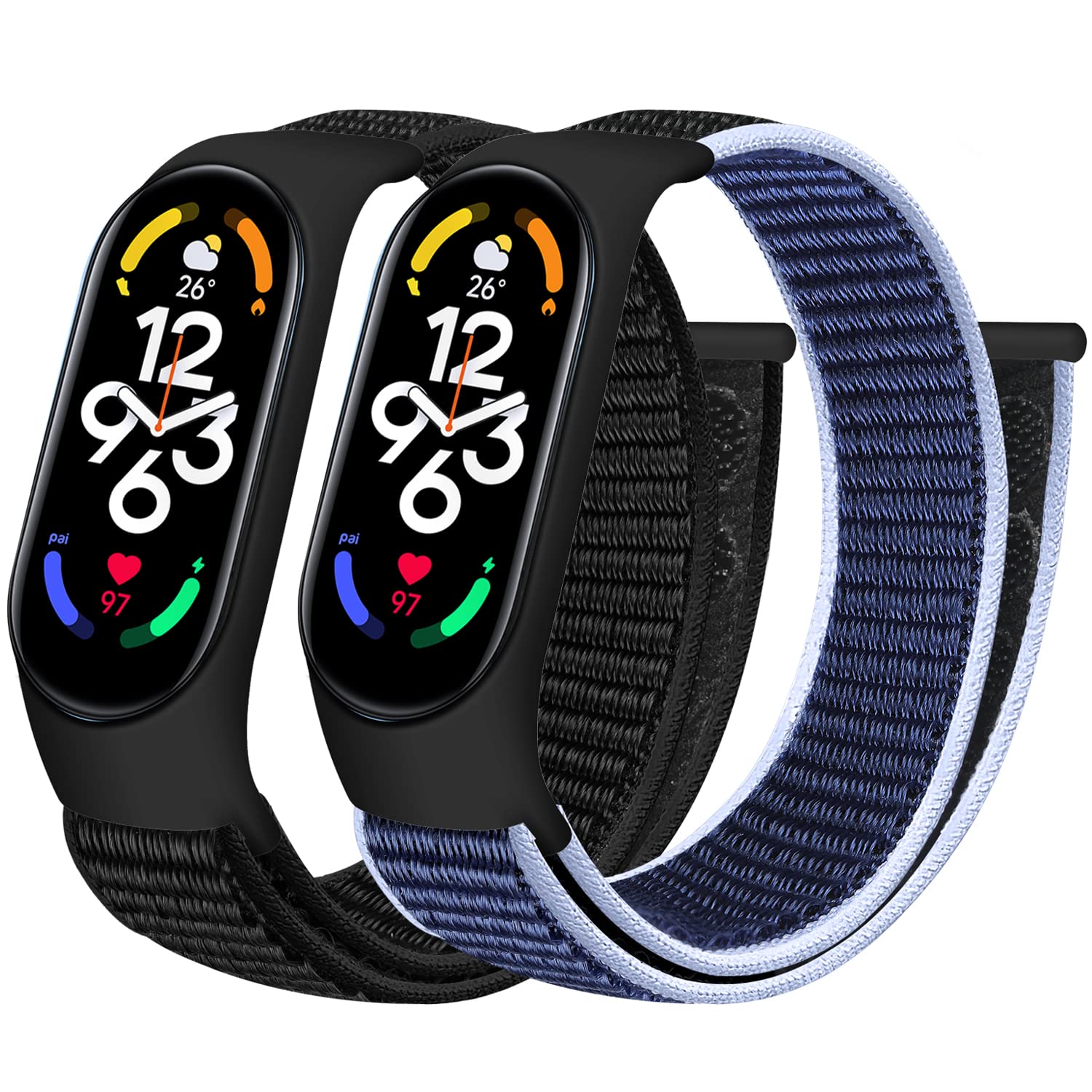 Tiptops Straps Compatible for Xiaomi Mi Band 7/Mi 6/Mi 5 4 3/Amazfit Strap, 2 Pack Braided Nylon Sport Solo Loop 7/6/5/4/3 Men, DarkBlack+NewmidnightblueBlack