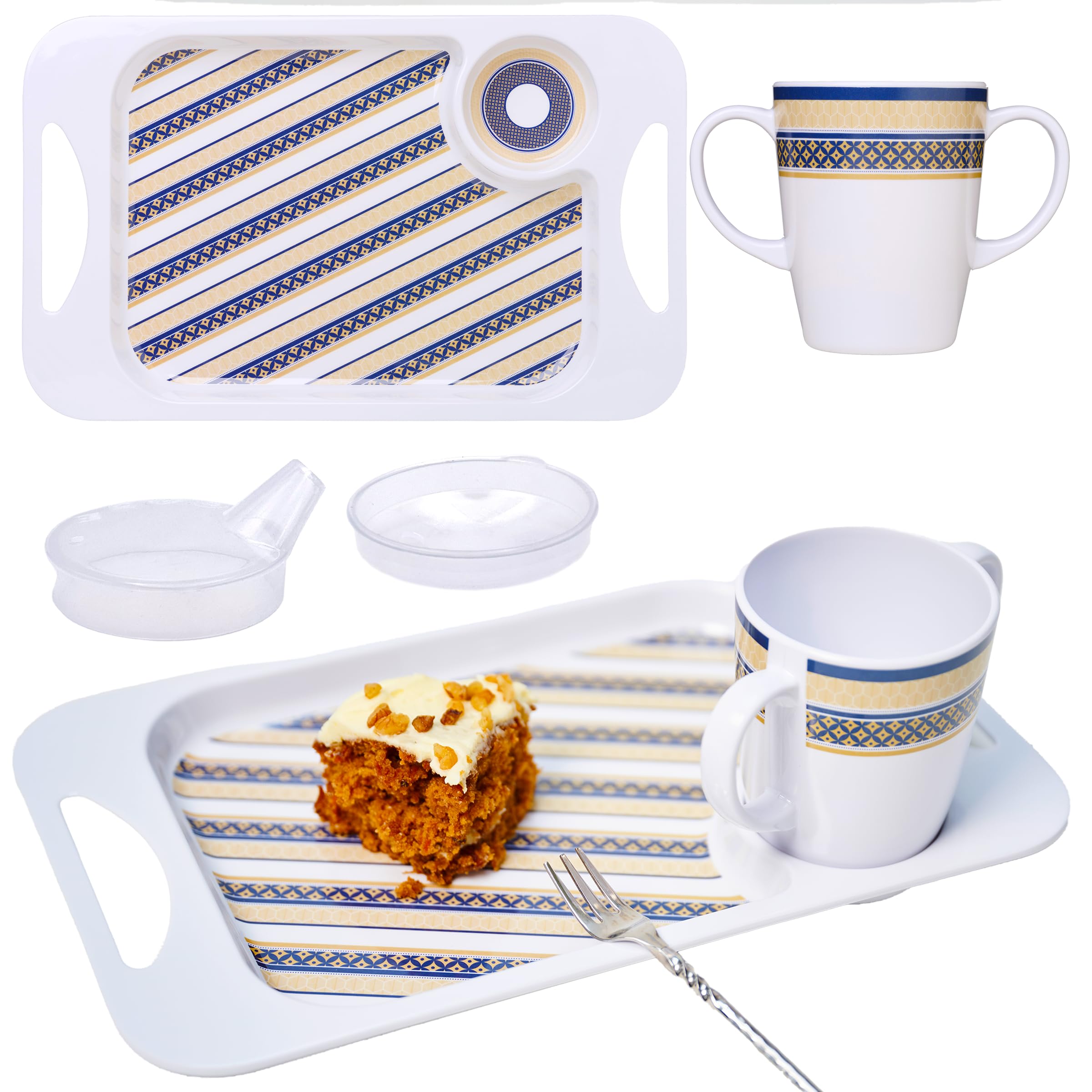 Rosa Lifestyle Sippy Cup for Adults, Cup lids & Coordinating Snack Tray Bundle for Elderly. 400ml/14oz Cup Capacity, Tray 33.8cmx20.6cm. Lightweight, Melamine, Perfect Snack Bundle (White)