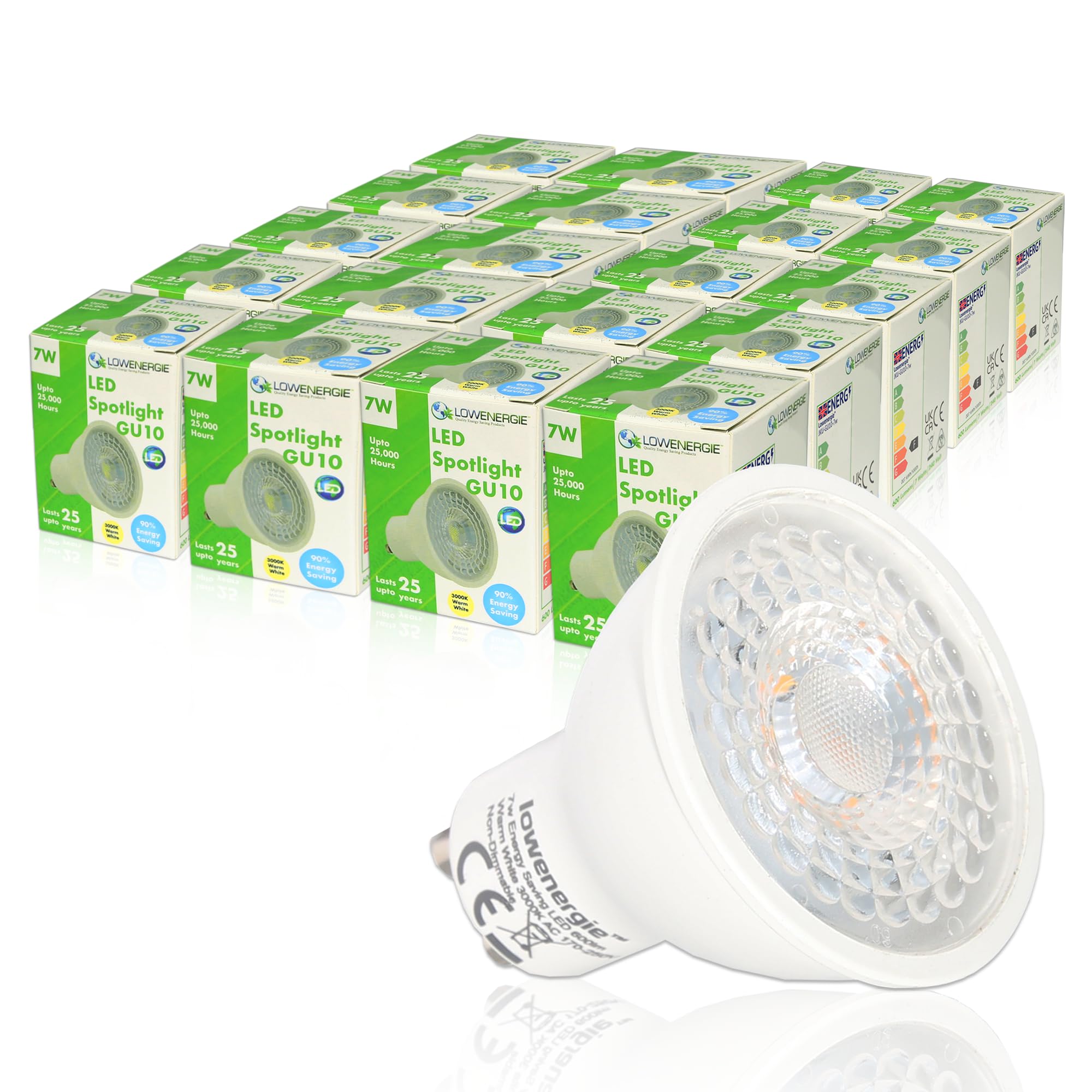 LOWENERGIE 7W GU10 SMD LED Spotlight Lamp Downlight F Rated Bulbs Lights 240V (Warm White, 20 Pack)