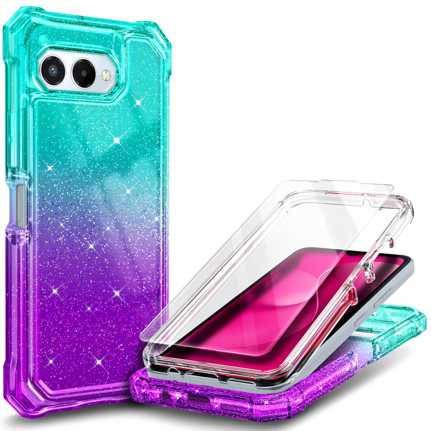 NZND Designed for T-Mobile REVVL 8 Phone Case, Glitter Aqua/Purple | with Screen Protector, Full-Body Shockproof Protective Rugged Impact Resist Bumper Cover