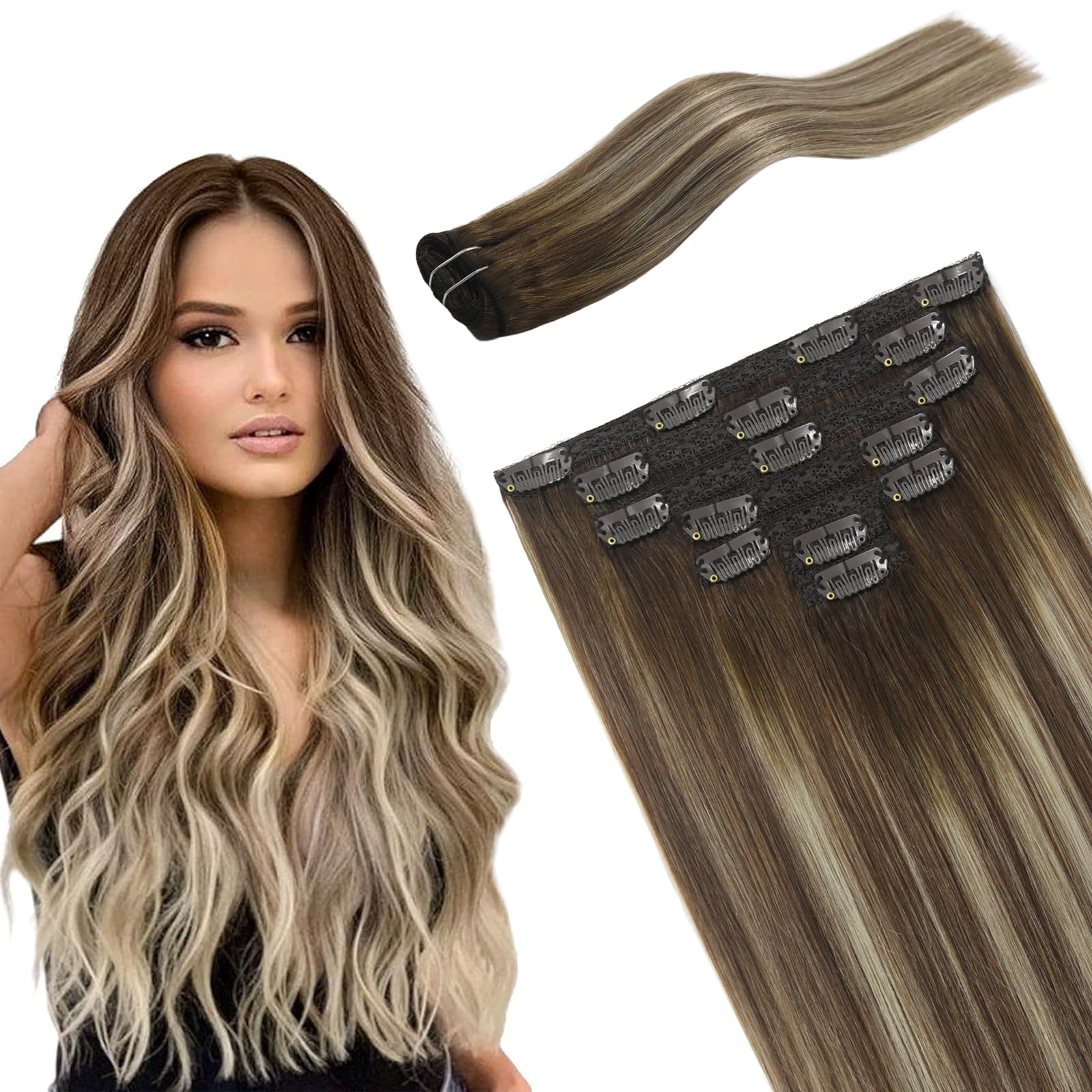 Photo 1 of FUBILI Clip in Human Hair Extensions 20inch Balayage Walnut Brown to Ash Brown Mix Light Blonde Ombre Double Weft Real Human Remy Hair 120g 7pc