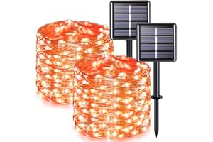 JMEXSUSS 2 Pack Orange Solar Halloween Lights, 33ft 100 LED Orange Halloween Lights Outdoor, Waterproof Orange Solar Lights for Tree Yard Patio Garden Halloween Thanksgiving Decorations