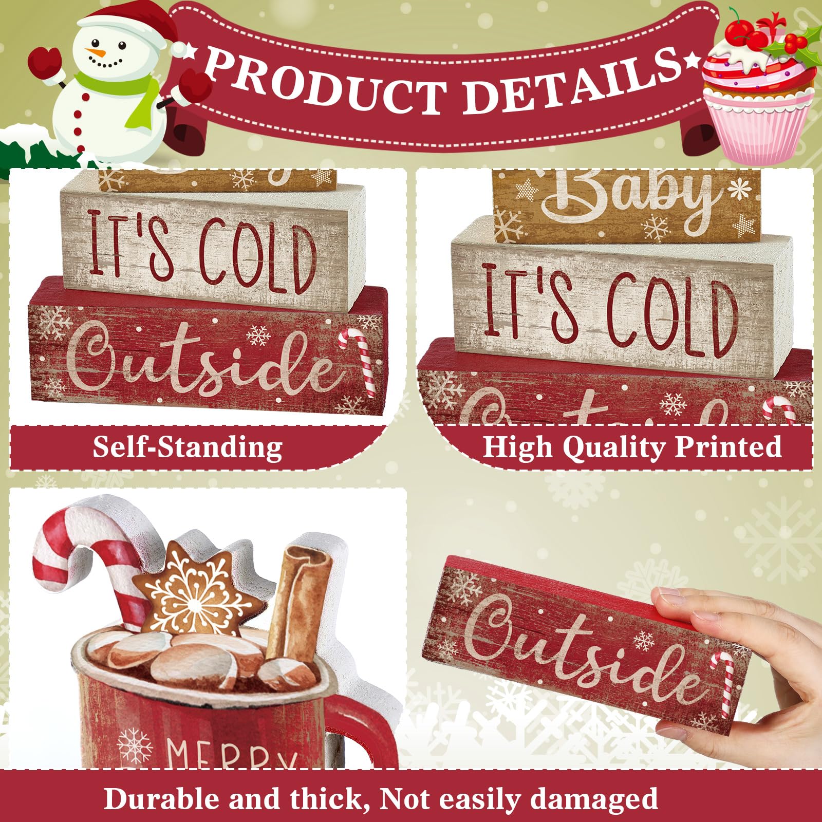 4 Pcs Christmas Table Decor Wooden Hot Cocoa Decoration Christmas Centerpiece Winter Tiered Tray Decor Decorative Red Hot Cocoa Block Signs Gift Farmhouse Xmas Decoration for Home Kitchen