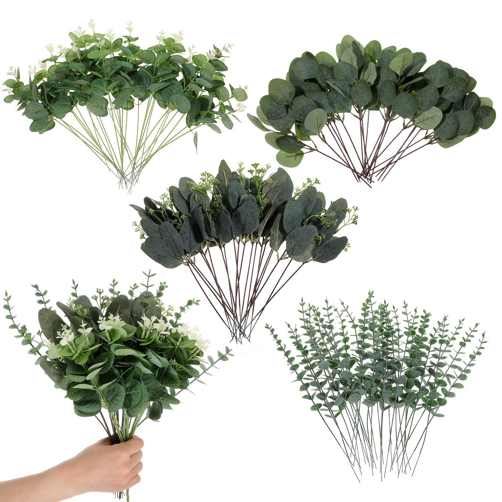 Photo 1 of 100pcs 4 Kinds Mixed Faux Eucalyptus Stems, Bulk Silver Dollar Artificial Eucalyptus Stems Green Faux Greenery Stems for Wedding Vase Bouquets Floral Arrangements
