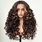 UGORGEOUS Curly Lace Front Wig Pre Plucked Middle Part Closure Wigs 22 Inch Brown Mix Dark Blond Pre Cut Synthetic wigs 4A cu