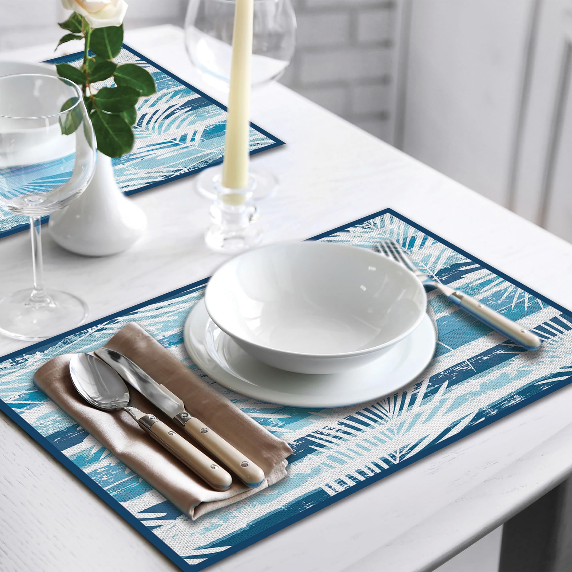 CREARREDA Americana Blue Summer Place Mats Set of 4 Breakfast Boards PVC 48 x 33 cm Non-Slip Washable Dirt-Repellent Heat Resistant Made in Italy