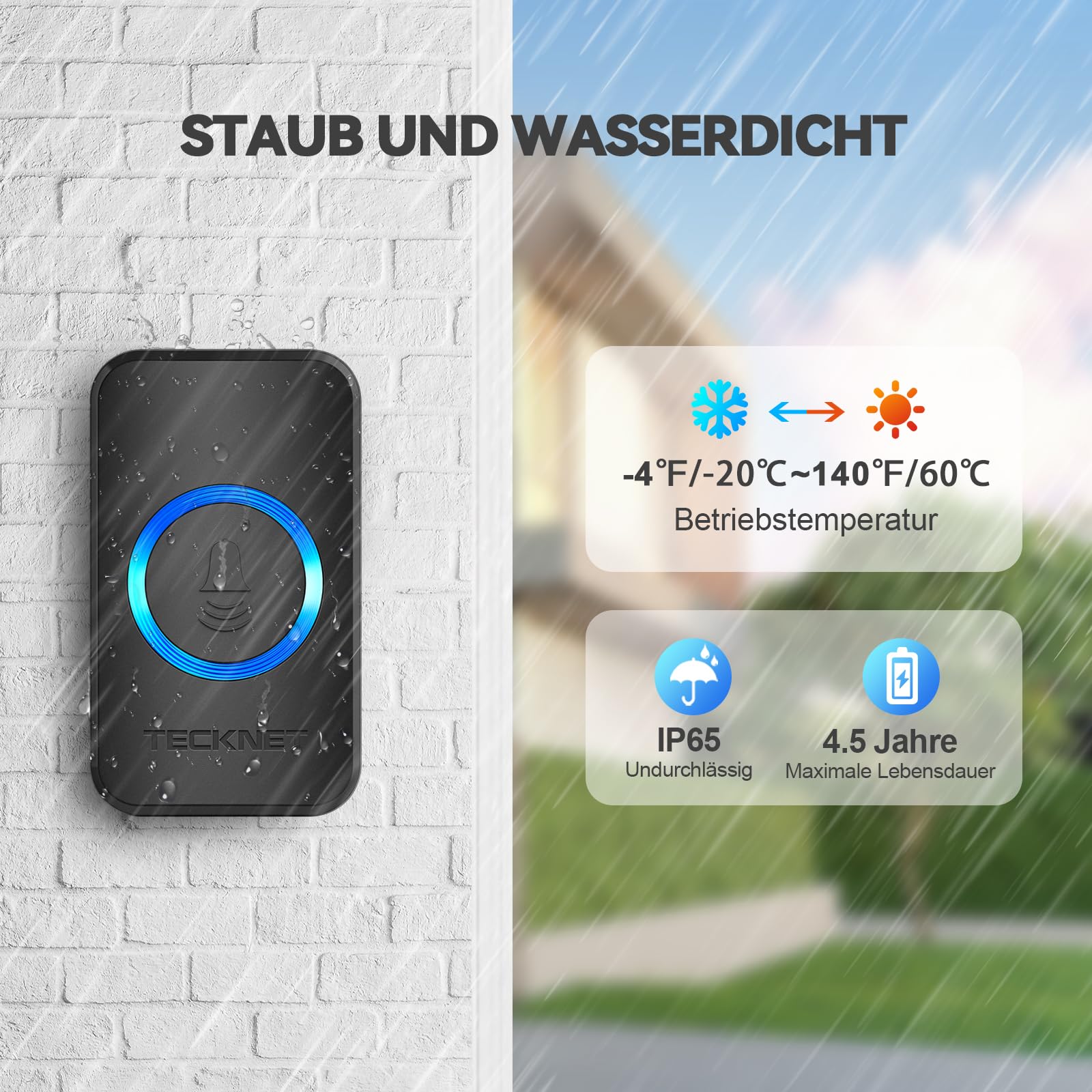 TECKNET Funkklingel, IP65 Funk klingel Set Aussen Wasserdicht, Kabellose Türklingel 400m Reichweite, Haustür Klingel kit mit 1 Plug-In-Empfänger und 1 Sender, 60 Melodien doorbell Mit LED-Blitz 3