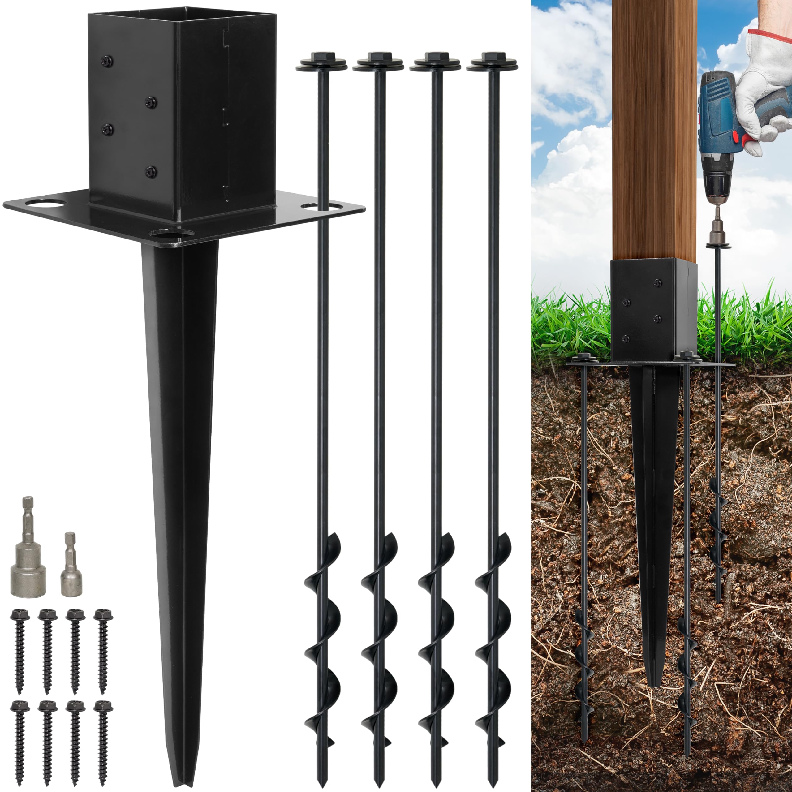 Photo 1 of LADECH 4x4 Fence Post Anchor Ground Spike 24” Length with Ground Anchors Screw in - Metal Black Powder Coated – Mailbox Post Anchors – Fit 3.5x3.5 Standard (Black - 1 Pc)