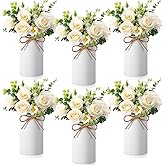 Domensi 6 Sets Wedding Centerpiece for Table Decoration Artificial Fake Rose Flowers with Metal Vase, Faux Silk Rose Bouquet Floral Arrangements for Bridal Shower Home Dining Party (White)